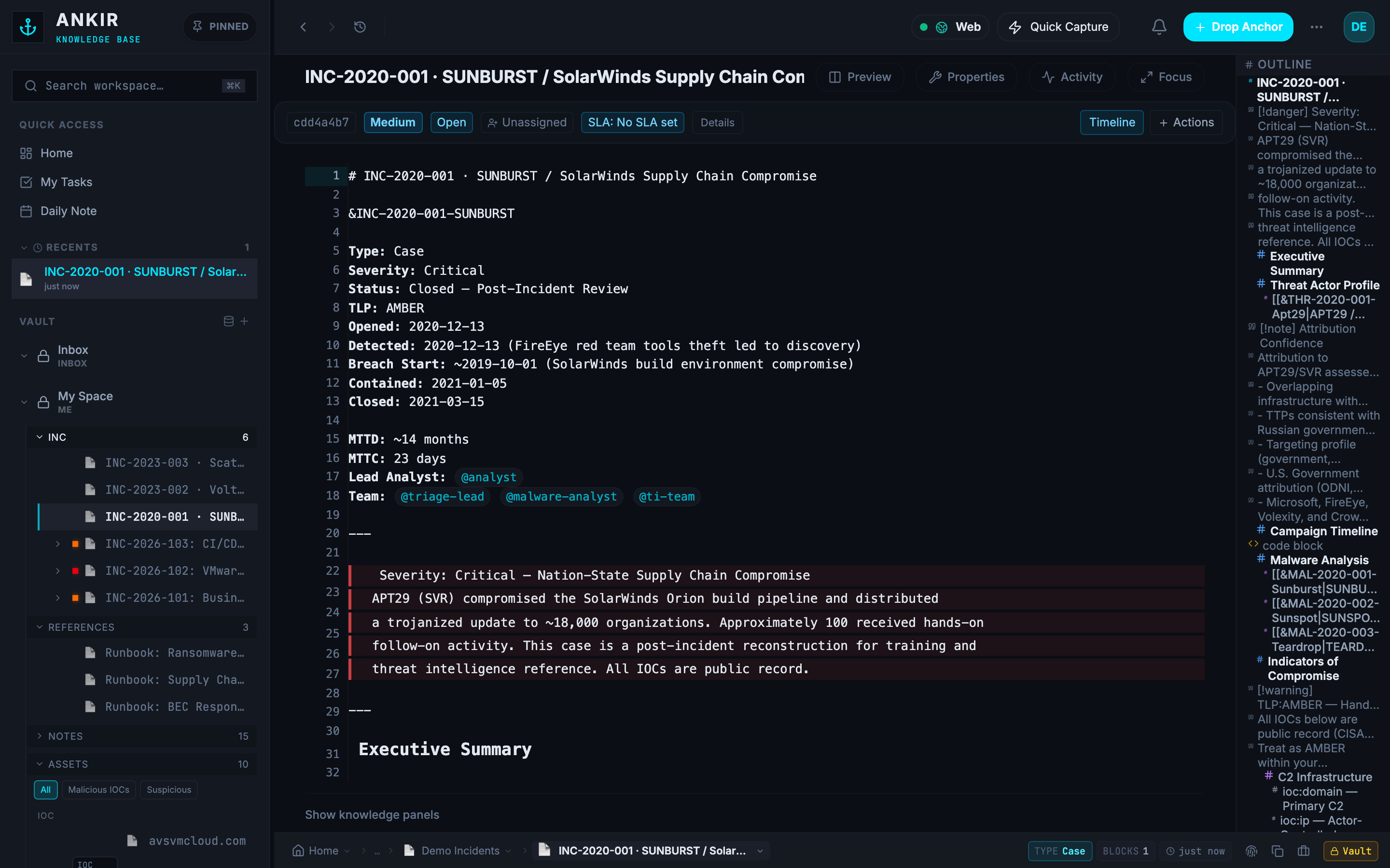 The ANKIR client investigating the SUNBURST / SolarWinds supply-chain incident, a block outliner with case severity, TLP marking, and IOCs alongside auto-generated knowledge panels for threat actor, malware analysis, and indicators of compromise.